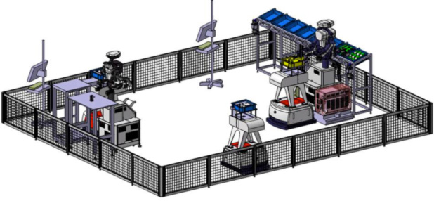 写真1:ヒト型双腕ロボット『ネクステージ』と周辺機器によるセル生産システムイメージのブースを展開